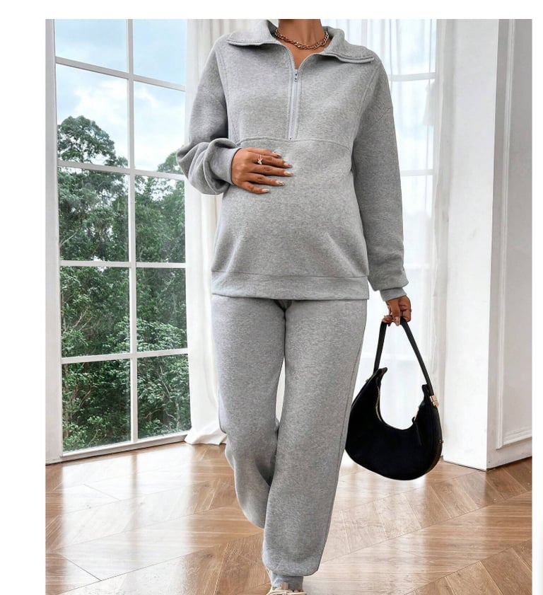 Two-piece maternity thermal set with zip-front long sleeve top and matching pants, soft winter loung