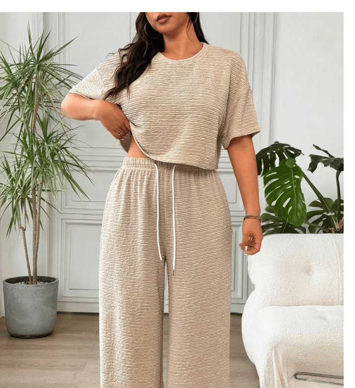 Apricot SHEIN plus-size two-piece casual suit with dropped shoulder blouse and drawstring waist pant
