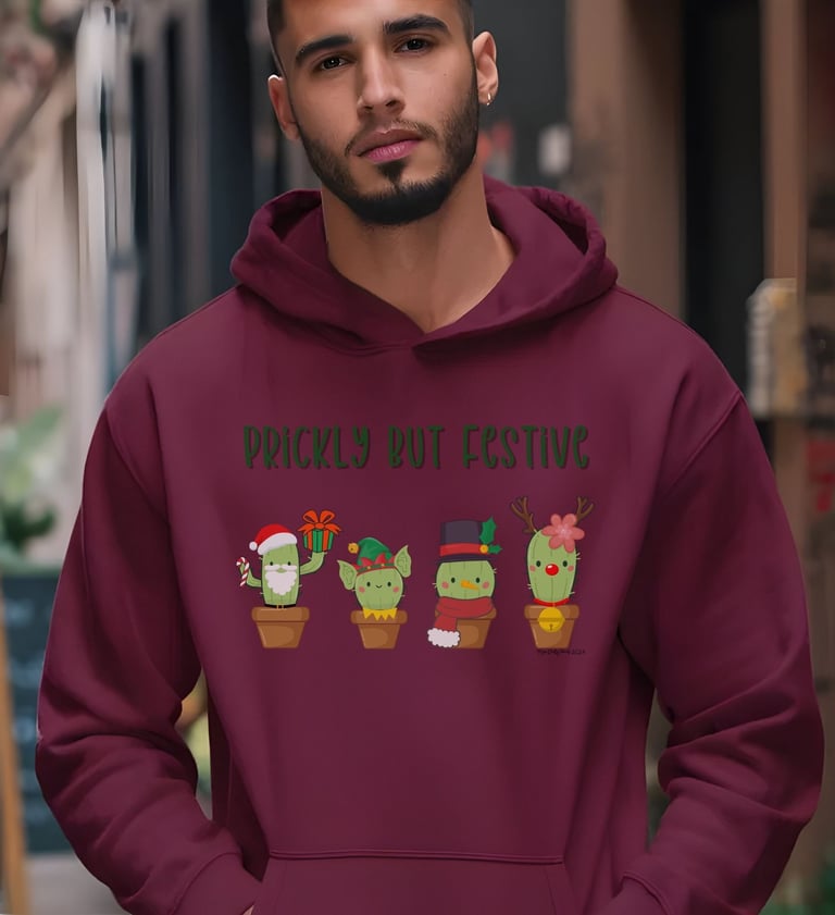 Man wearing maroon hoodie with “Prickly but Festive” cactus design — Christmas hoodie for plant lovers by Miss Chatty Plants