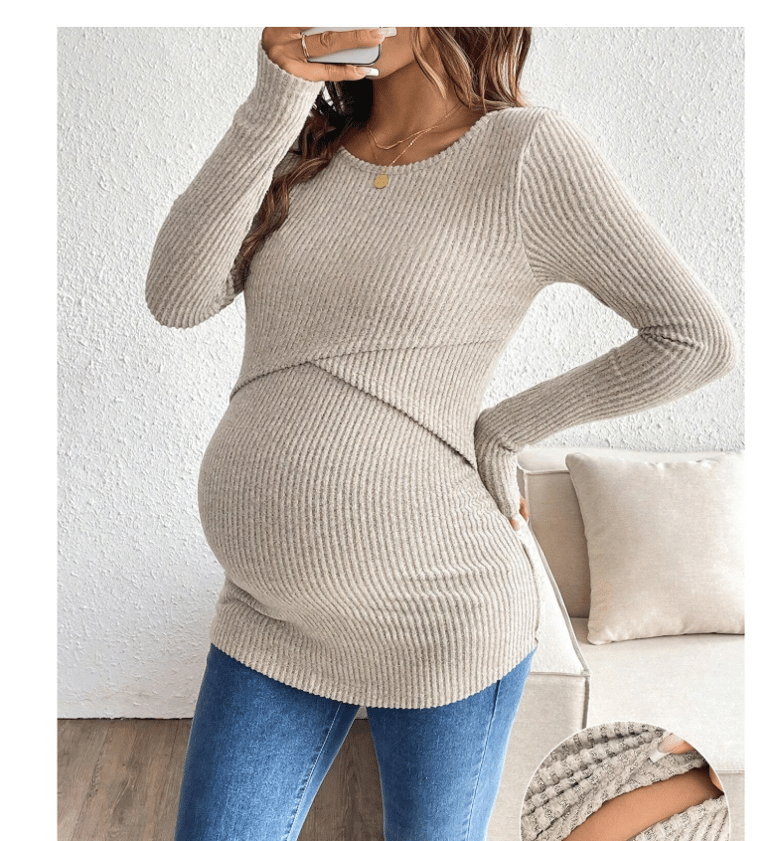 Solid color ribbed knit nursing long sleeve shirt, maternity/pumping friendly autumn winter top