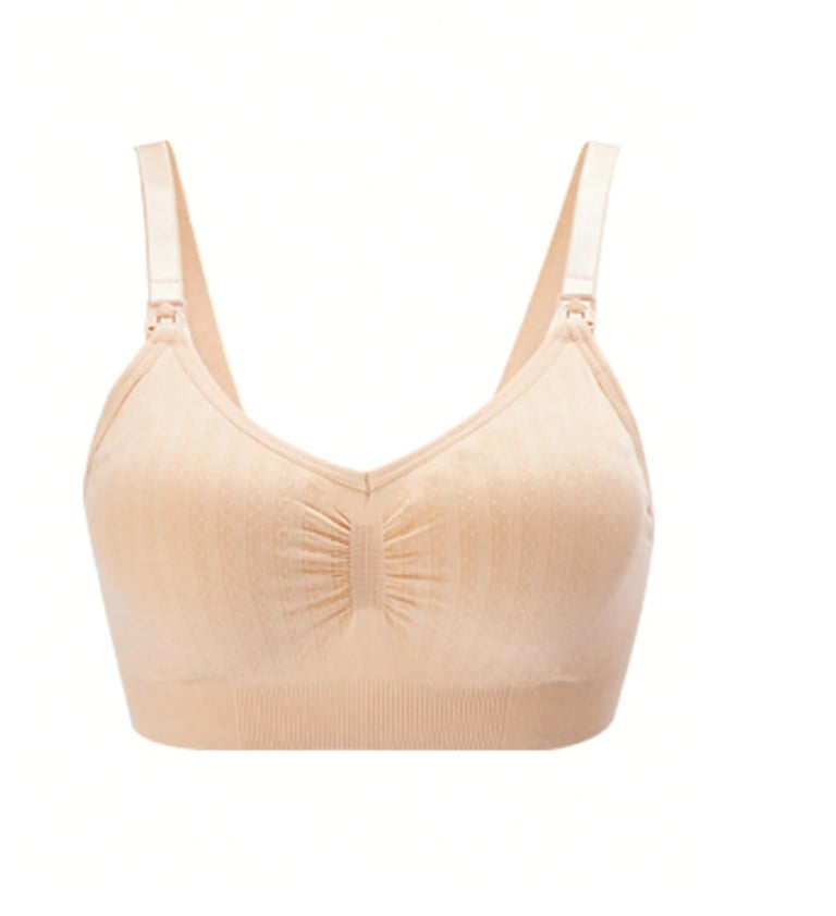 Beige maternity ruched nursing bra with soft stretch fabric.