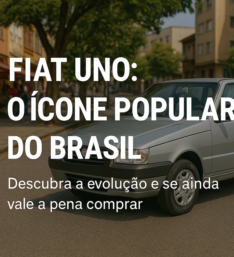 Fiat Uno prata estacionado em rua urbana com chamada sobre sua popularidade no Brasil