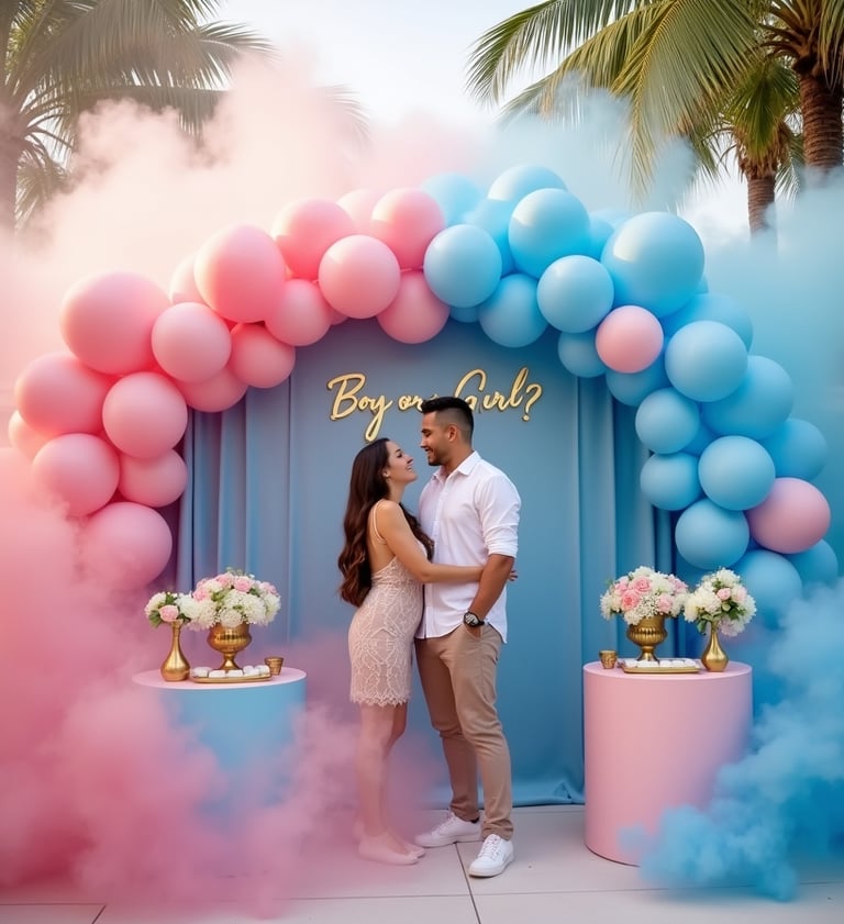 Luxury gender reveal party scene featuring a happy couple celebrating amidst pink and blue smoke, elegant balloon garlands, a