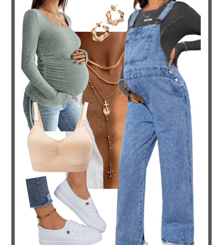 Collage of cozy maternity denim overalls styled with sneakers, top, nursing bra, necklace, earrings