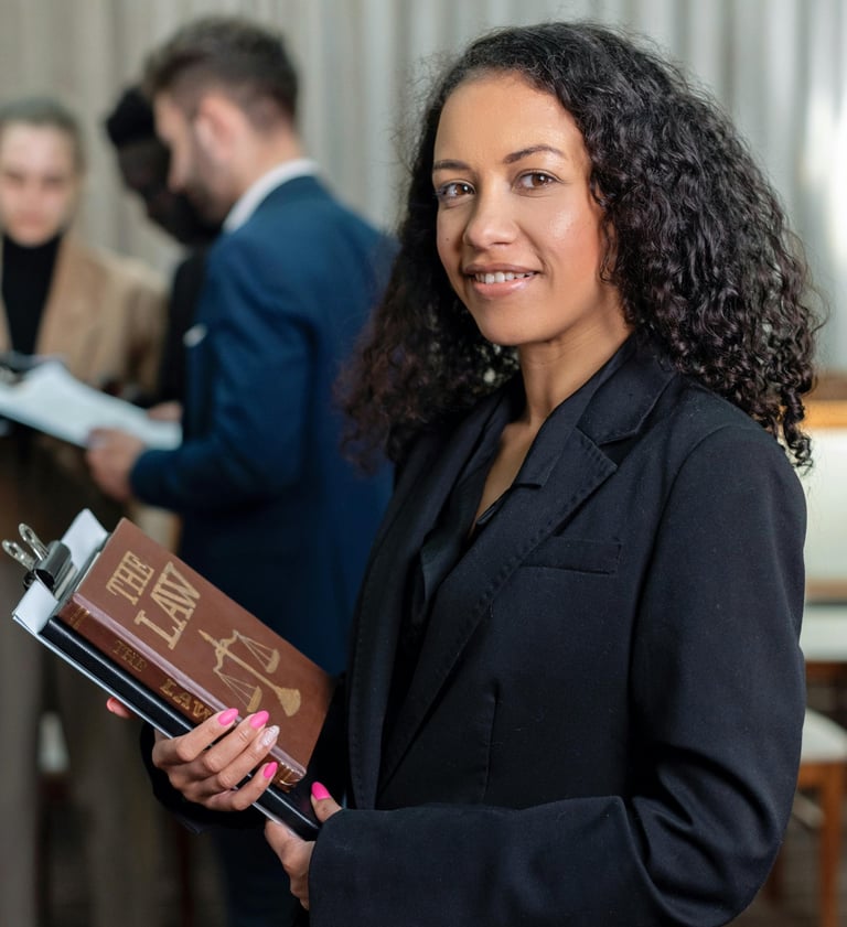 A lady holding a book about a law