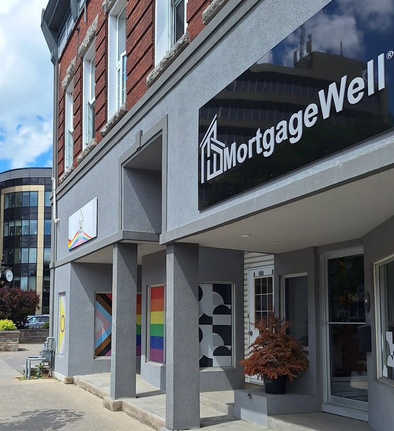 Street view of MortgageWell building in Cornwall with a sign reading 'Today’s Best Mortgage Rate"