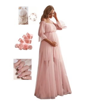 Woodland fairy floral baby shower look with dress, sash, nails, and headband