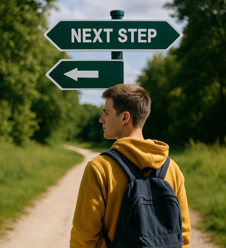 student at crossroad sign