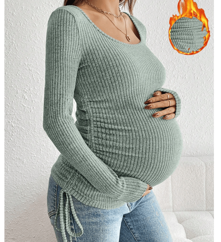 Green ribbed maternity t-shirt with ruched drawstring sides.