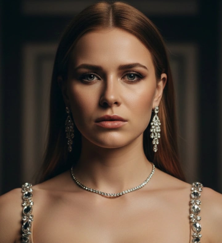 a woman in a dress with a necklace and earrings