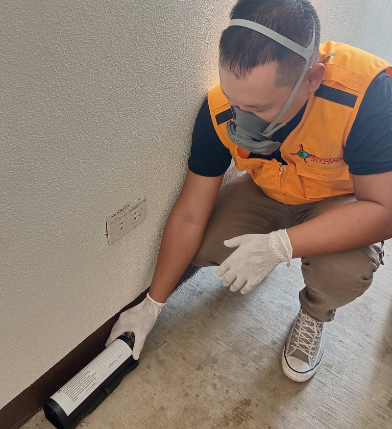 Professional pest control technician in safety gear applying termite treatment along a garage wall.