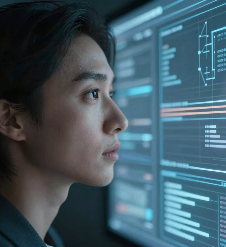 A portrait of a person looking at a digital interface, their face illuminated by the soft glow of a screen. The lighting is a crisp slate ocean blue, creating a professional and futuristic atmosphere.