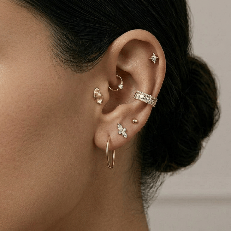 אוזן מעוצבת בסגנון יוקרתי עם עגילי חישוק מזהב, יהלומים ופירסינג סחוס