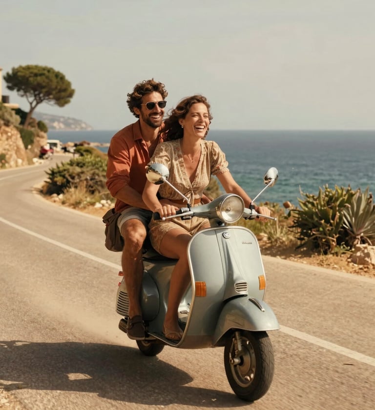 A cinematic lifestyle shot of a Southern European / Italian couple laughing while riding a vintage scooter along a sun-drenched coastal road. The lighting is warm and golden, with tones of terracotta and sand throughout the scene.