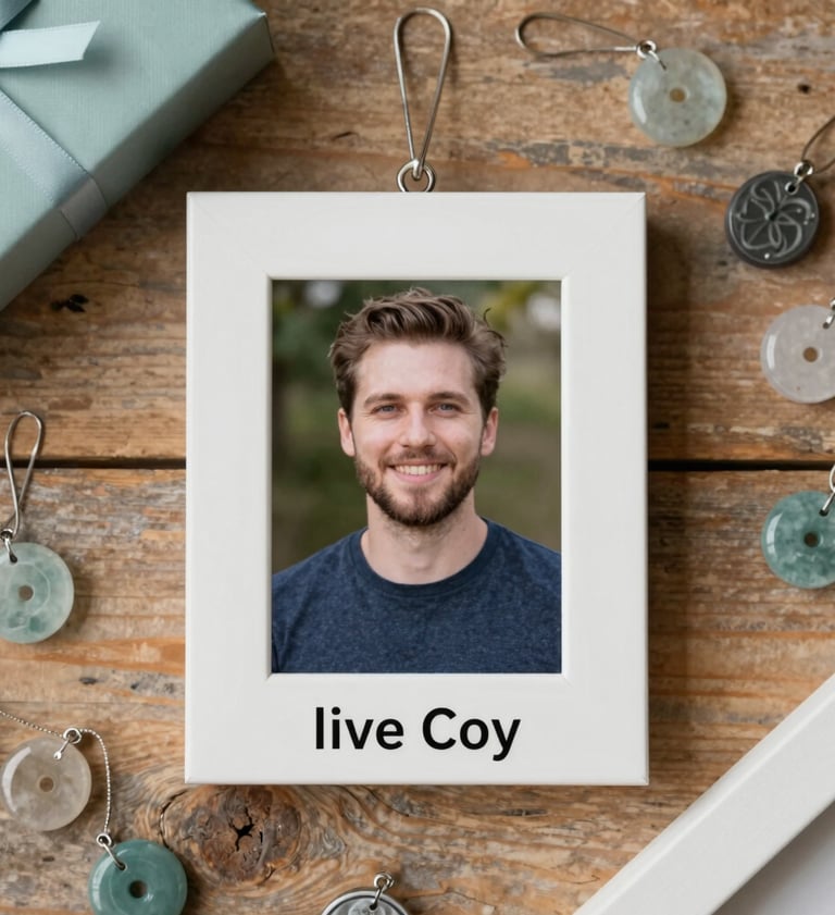 Top-down flat lay of various personalized memorial items, including a laser-engraved photo frame and resin charms, styled on a rustic wooden background with warm lighting and #D4BEAE accents.