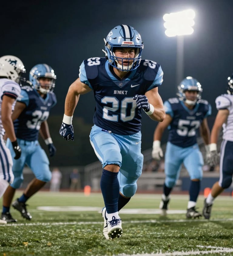 Dynamic low-angle shot of a high school running back sprinting through a gap in the line of scrimmage, stadium lights creating a halo effect, wearing a navy and light blue uniform, high-intensity focus on face, cinematic sports style.