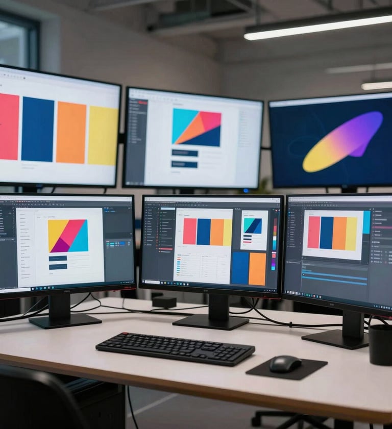 A wide shot of a modern design studio featuring large monitors showing vibrant graphic design work and branding concepts. The style is clean, professional, and reflects a deep understanding of visual storytelling and UX design.