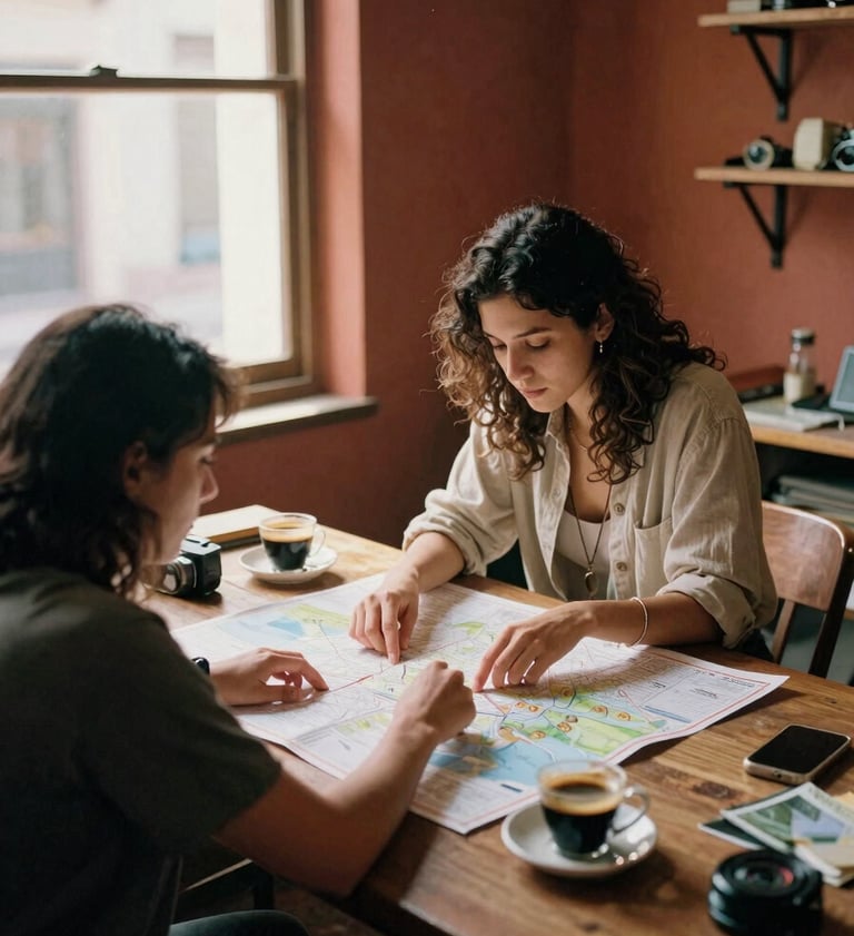 Dos viajeros planeando un viaje con un mapa de papel y un café en la mesa de una cafetería.