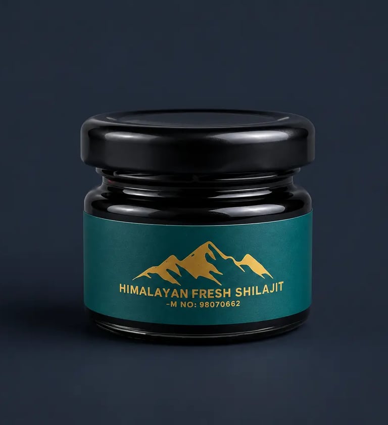 A glass jar of pure Himalayan Fresh Shilajit resin with a teal and gold mountain logo.