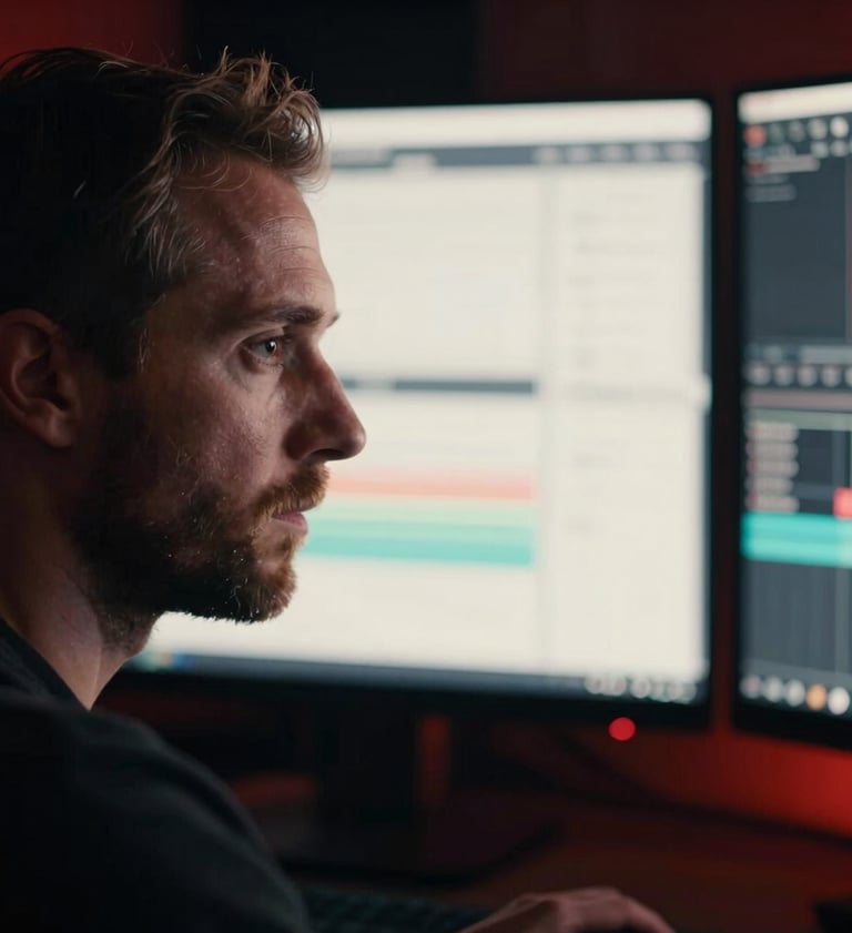 A close-up portrait of a professional film editor in a dark studio in London. Their face is partially illuminated by the soft off-white glow of high-resolution monitors. The background is deep black with subtle vibrant crimson red light leaks.