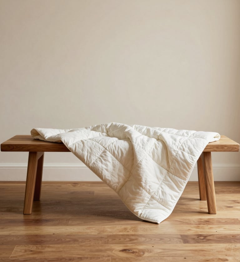 Lifestyle shot of the Horizon Quilt draped over a minimalist wooden bench. The setting is a bright, airy studio with warm cream walls and polished wood floors. The mood is tranquil and sophisticated.