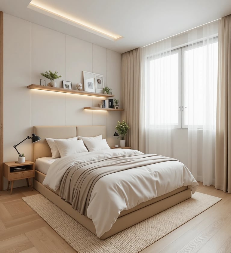Dormitorio pequeño moderno con iluminación indirecta y estanterías flotantes que amplían visualmente