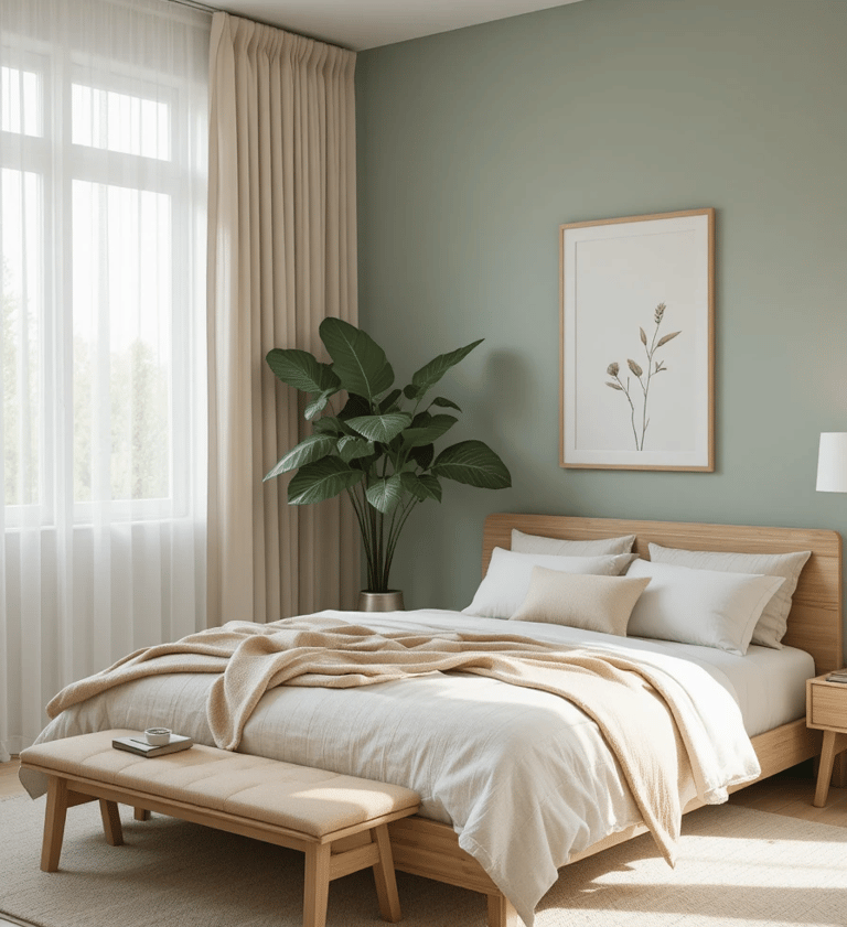 Dormitorio moderno y acogedor con pared en verde salvia, cama de madera natural, ropa de cama blanca