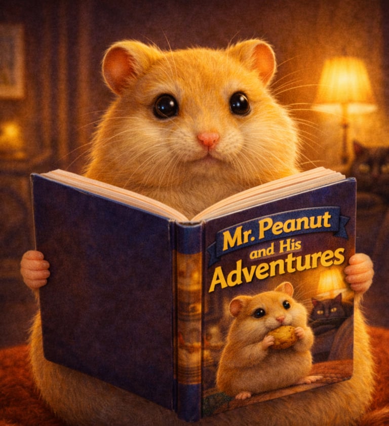 Ein niedlicher goldener Hamster sitzt aufrecht in einem gemütlichen Raum und hält ein kleines Buch