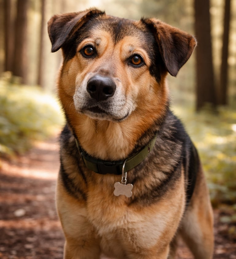 Ein mittelgroßer Hund mit braun-schwarzem Fell steht auf einem Waldweg 