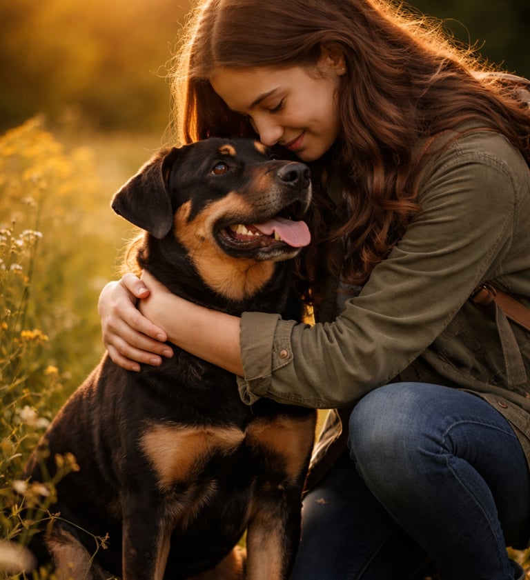 a girl hugging a brown and black dog