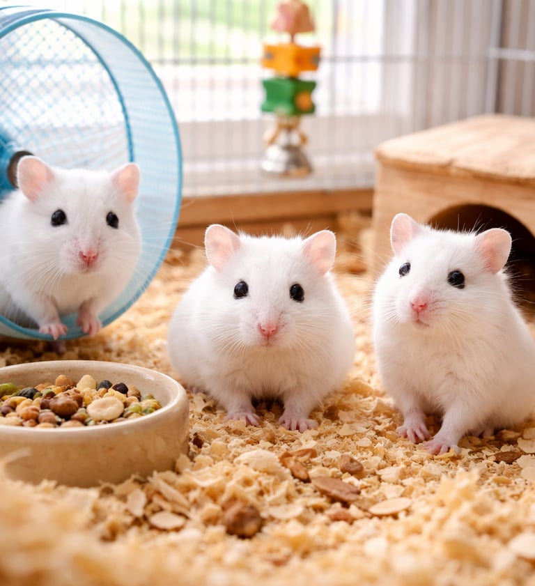 Drei weiße Hamster in ihrem Aquarium