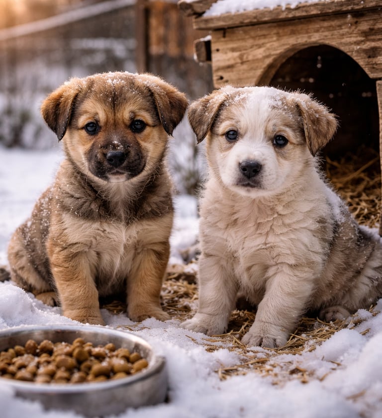 Zwei flauschige Welpen sitzen nebeneinander im Schnee neben einer hölzernen Hundehütte