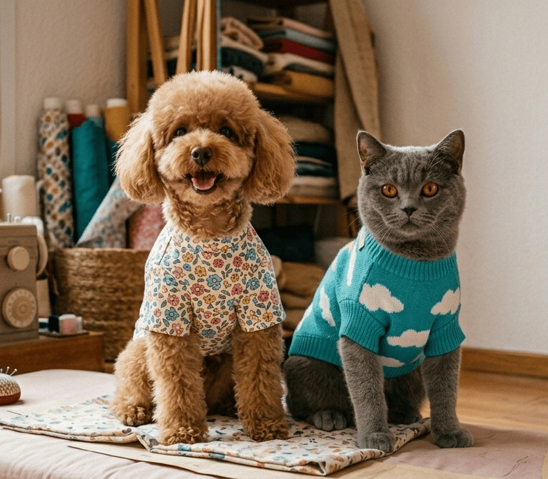 Un caniche toy marrón y un gato British Shorthair gris vistiendo elegante ropa para mascotas en un t