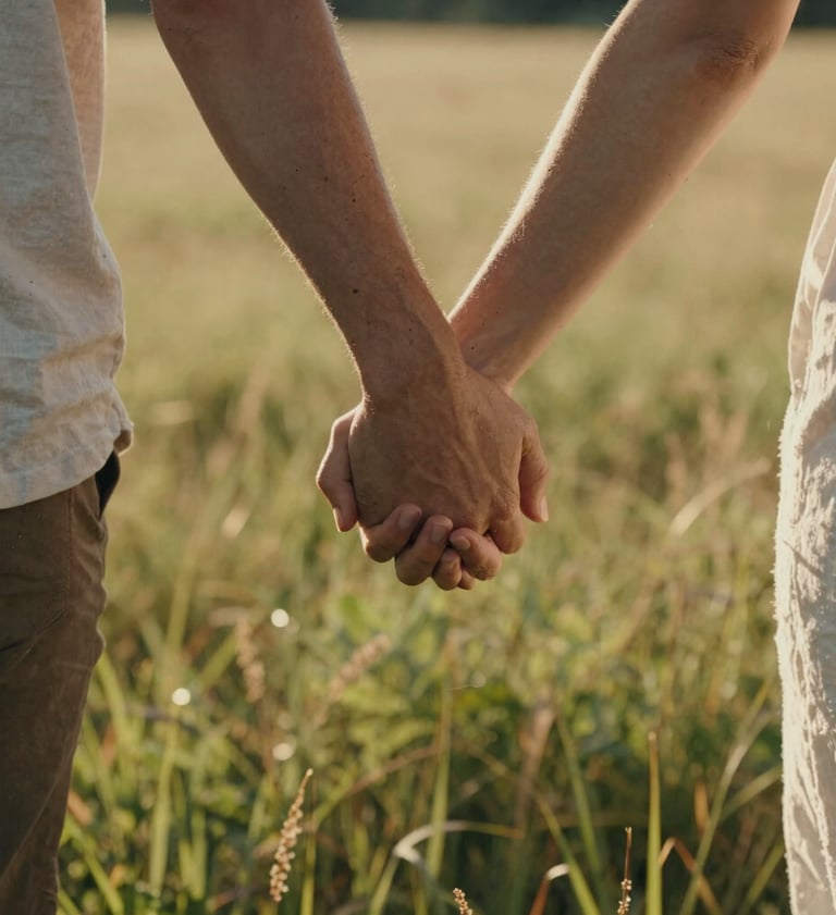 A vertical, intimate close-up photography of a couple's hands intertwined while walking through a sun-drenched meadow in the North American Pacific Northwest. The lighting is warm and golden hour, creating soft sand and charcoal shadows. Authentic, cinematic style with a focus on connection.
