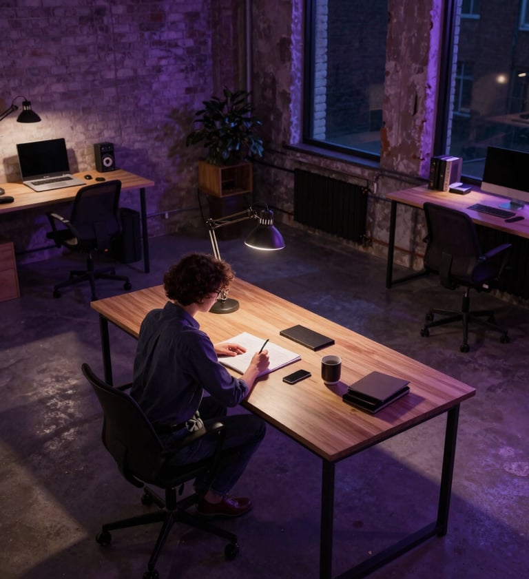 A high-angle shot of a writer in a modern, industrial North American loft office, working on a manuscript. The room is filled with atmospheric shadows, lit by a single desk lamp and deep purple ambient lighting.