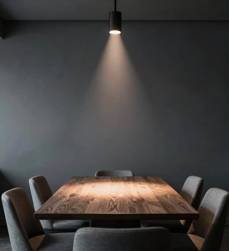 Sophisticated interior photography of a private dining room in Sydney, minimalist decor, charcoal grey walls, and a single spotlight on the table, creating a moody and exclusive cinematic vibe.