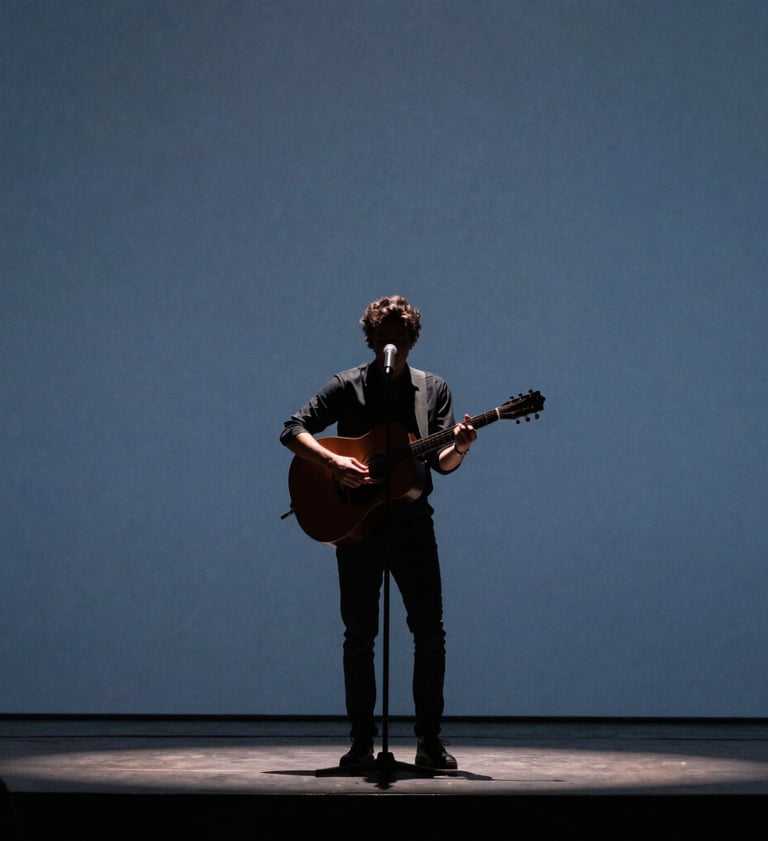 A singer-songwriter performing on a minimalist stage in a Latin American / Spanish concert hall, silhouette against a muted indigo background, professional cinematic lighting.