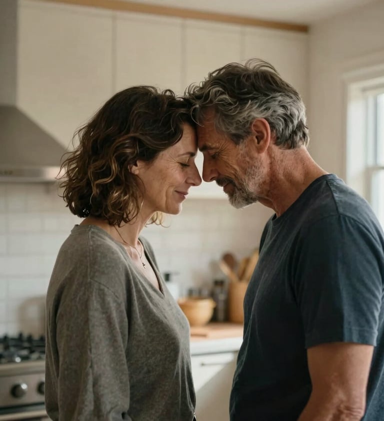 A portrait of the parents sharing a quiet, authentic moment of connection, foreheads touching, in a sun-drenched kitchen. The atmosphere is inviting and intimate, with cinematic lighting reflecting off Soft Sand walls.