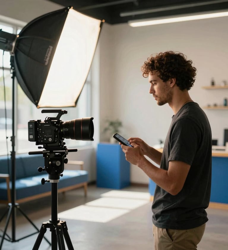 A creative videographer and digital marketer setting up professional video lighting for a local business commercial shoot in a modern studio in North American / US / Florida. Warm daylight and slate blue props.