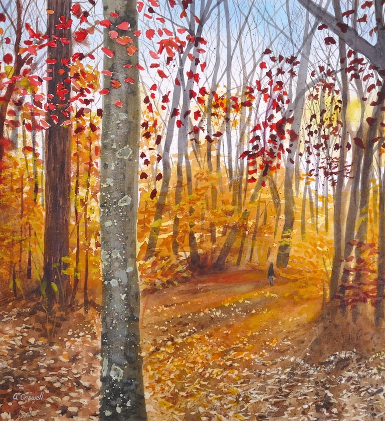 Atmospheric autumn landscape forest , serene autumn landscape in watercolor by Allison Criswell