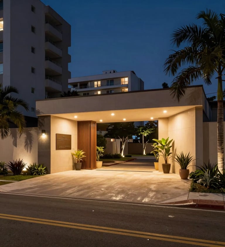 A wide cinematic shot of a modern residential entrance in a South American / Brazilian city at night. The area is perfectly illuminated with warm lights, showing a secure and peaceful atmosphere.