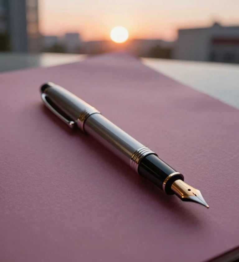 A close-up shot of an elegant fountain pen resting on a heavy, dusty mauve colored paper. The composition is clean and centered, shot in a professional International / Western office environment during sunset.