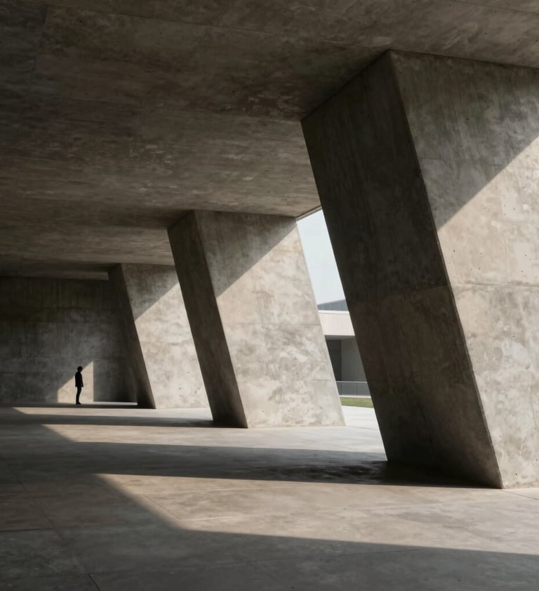 Cinematic wide shot of a concrete architectural structure with sharp shadows and highlights. A single figure is visible in the distance, providing scale. Palette includes charcoal #3A3F3B and light gray #C1C4BF. Sophisticated and professional tone.