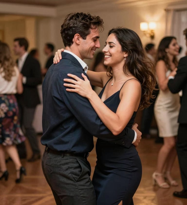 A candid shot of a couple dancing at a lively North American / US birthday celebration. The lighting is warm and inviting, highlighting their movement and genuine smiles. The aesthetic is clean and sophisticated, capturing a fleeting moment of pure happiness.