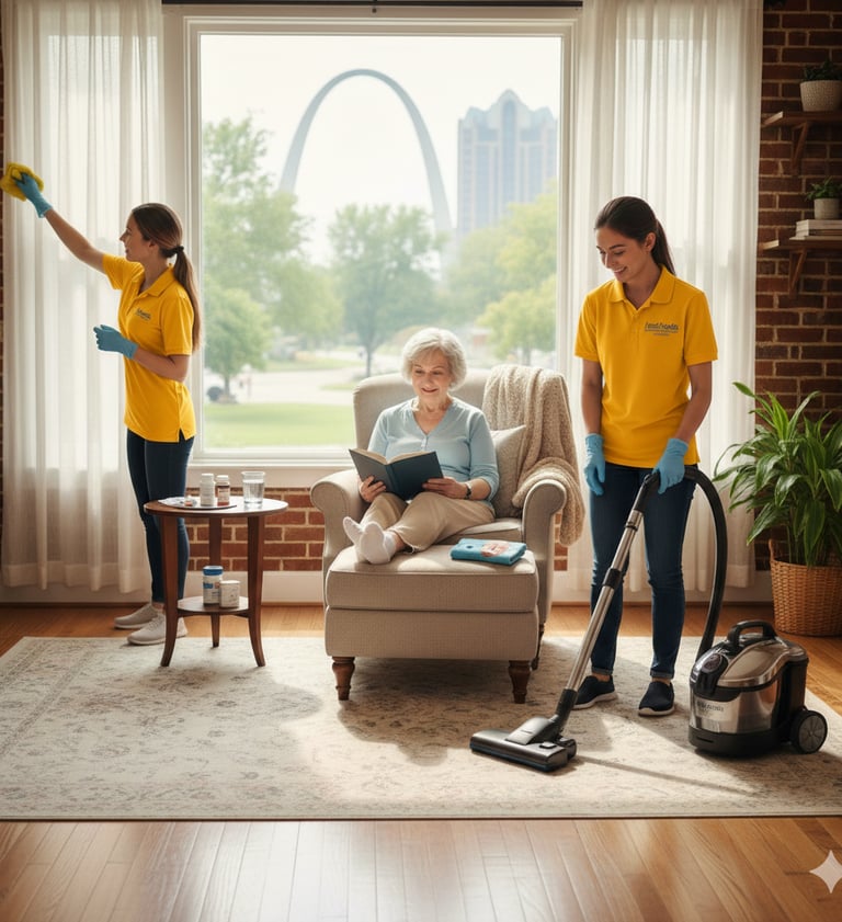 Professional home health aides provide cleaning and vacuuming services for a senior in St. Louis.