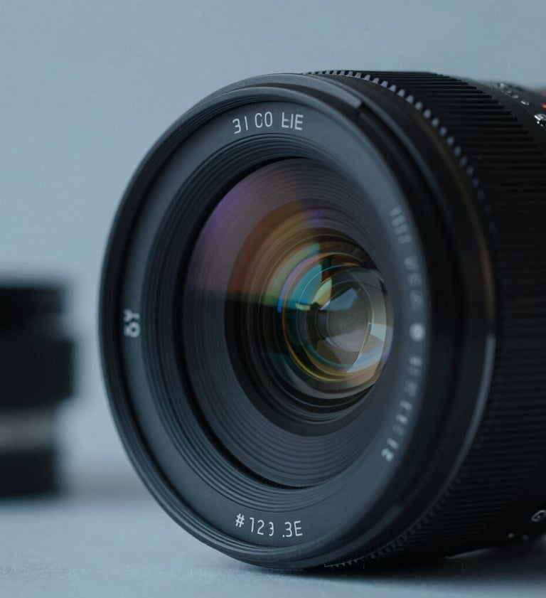 Close-up of a high-end cinema lens with subtle blue reflections (#2C3E50), minimalist background with soft shadows, professional cinematic lighting.
