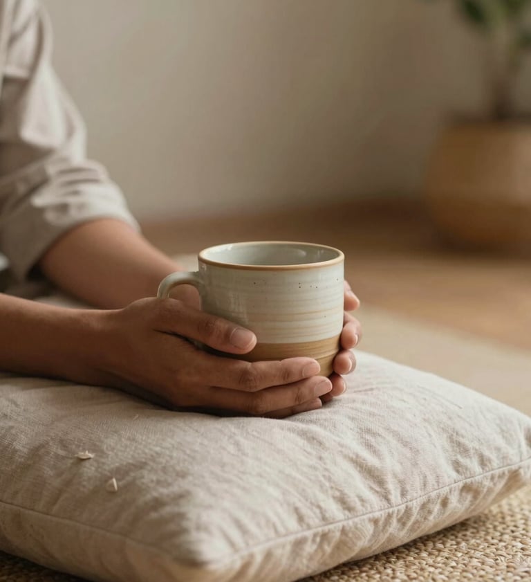 A minimalist lifestyle photograph of an individual holding a handmade warm ceramic mug with both hands, sitting peacefully on a light linen floor cushion. Warm lighting, calm earthy colors, soft-focus background of a highly refined digital sanctuary. Global / South Asian context.