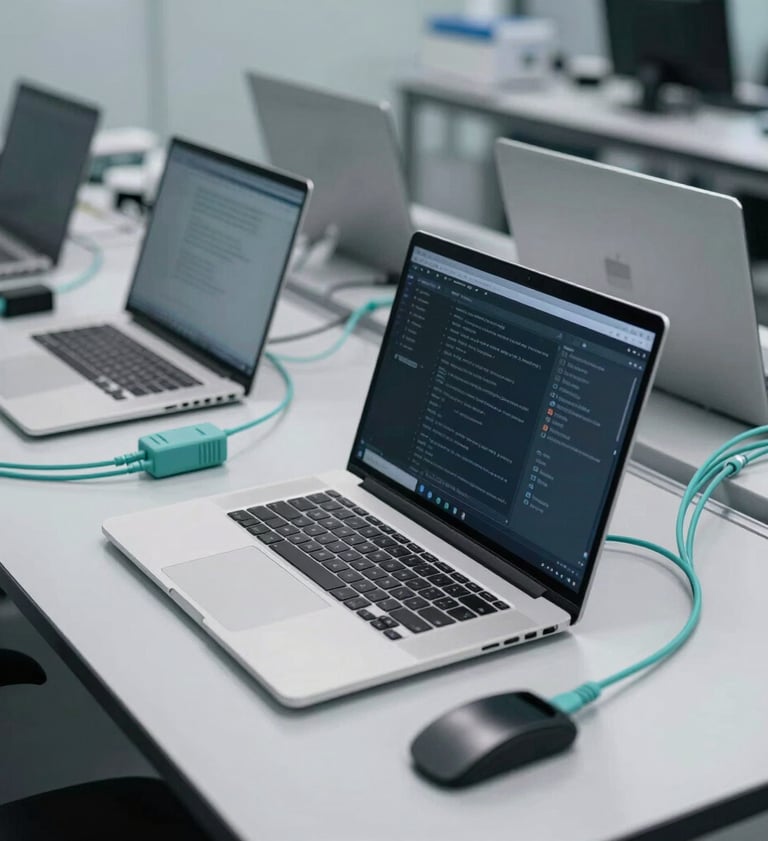 An eye-level shot of a professional cybersecurity lab, featuring silver laptops and muted sea teal colored cables organized neatly in a modern, clean environment.