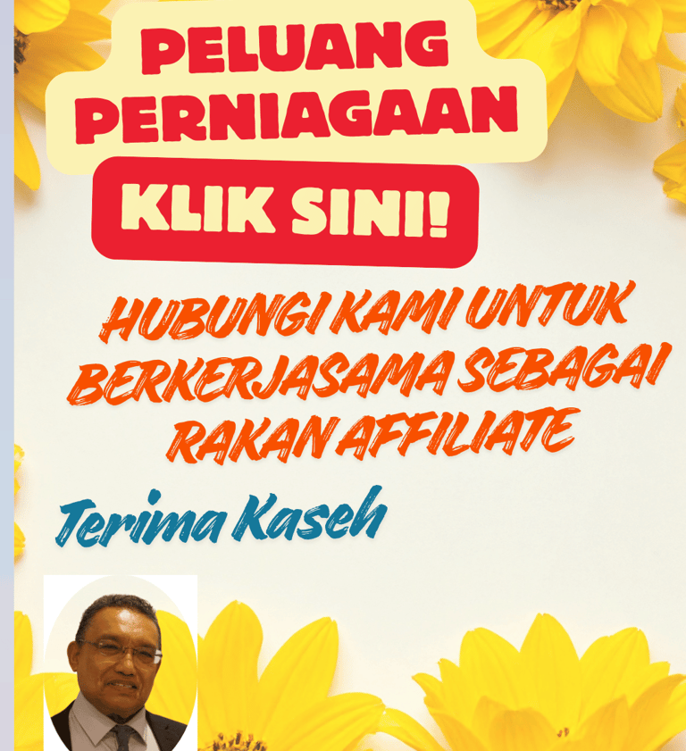 Yellow sunflowers framing a business opportunity poster for becoming a Malaysian affiliate partner.