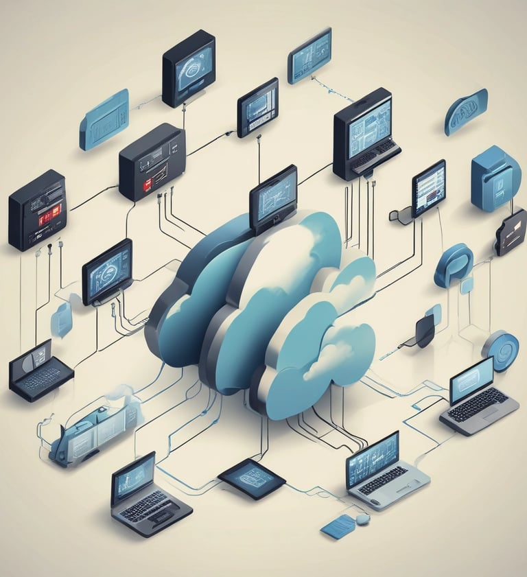 Isometric cloud computing illustration showing laptops and servers connected to a central data network.